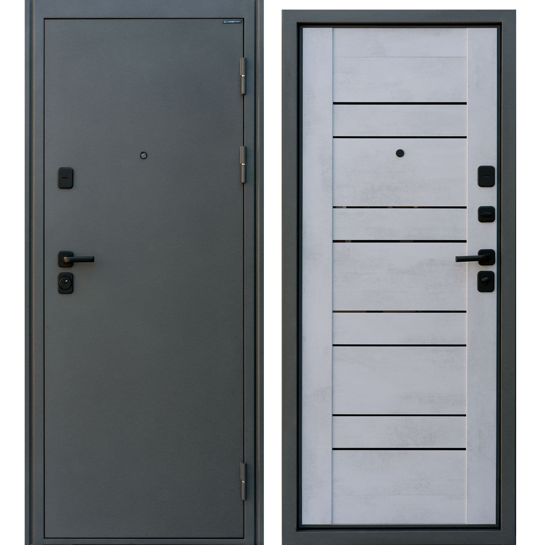 Дверь Входная дверь Катюша NEW графит сатин / бетон известковый + чёрный лакобель