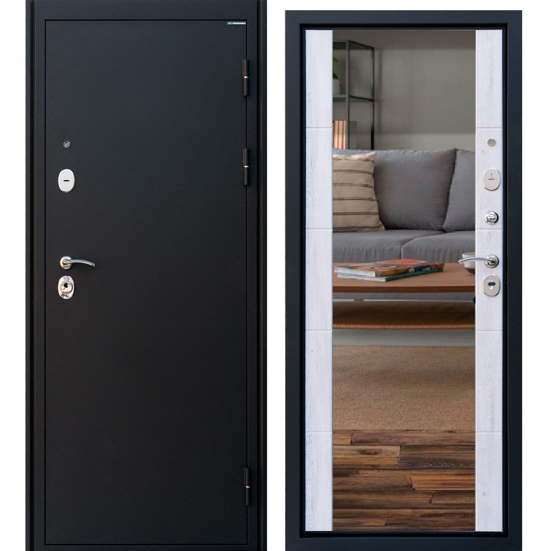 Дверь Входная дверь Родина Плюс чёрный сатин / санторини белый